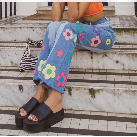 Blue Flower Power Hippie Embroidery Patchwork Flare High Waisted Wide Leg Jeans - Picture 4 of 14